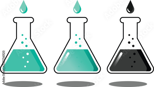 Foto Science erlenmeyer flask vector set with droplets and bubbles in three color var