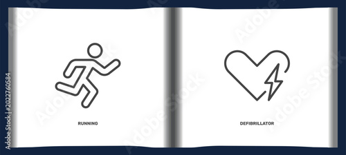 Billede på lærred health and medical icon set with running, defibrillator signs in flat outline style