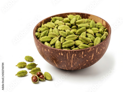 Green cardamom pods in a rustic coconut bowl isolated on white background for aromatic spice and culinary seasoning