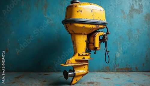 Old yellow outboard motor sits on blue textured floor. This marine propulsion system has propeller and wires. It is a nautical object. Object has signs of wear and rust.
