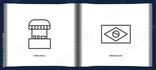 culture and civilization icon set with food stall, brazil flag signs in flat outline style. linear icons for ui, web and printing