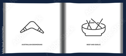 Photos culture and civilization icon set with australian boomerang, beef and garlic signs in flat outline style