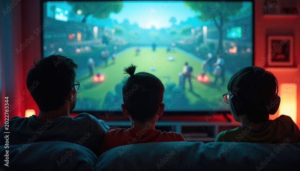 Fototapeta premium Three people watch action on big screen TV. Two boys and one man sit on sofa, play video game together. Enjoying leisure time indoors with digital entertainment.