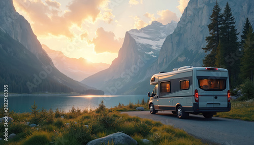 Modern RV parked by serene lake at sunset with mountains. Travelers enjoy nature and freedom on road trip adventure. Explore wild landscapes in comfort and style.