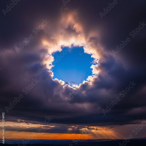 Vibrant golden sun rays break through a circular opening in dark dramatic storm clouds creating a powerful heavenly light effect in this stunning high quality nature photograph of the sky