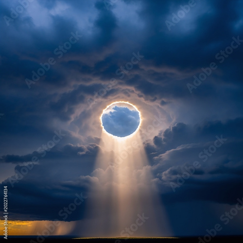 This dramatic celestial photograph captures a glowing sun ring breaking through dark storm clouds to cast bright radiant light rays down onto the horizon during an intense natural weather event