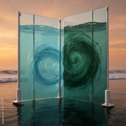 Salinity Gradient Energy Concept at Sunset, Blue and Green Water Swirls in Glass Interface, Sustainable Power Technology, Marangoni Effect Visualization in Estuary Plant