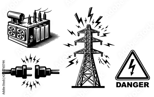 Fotografía Black and white vector silhouettes of electrical towers and power symbols illust