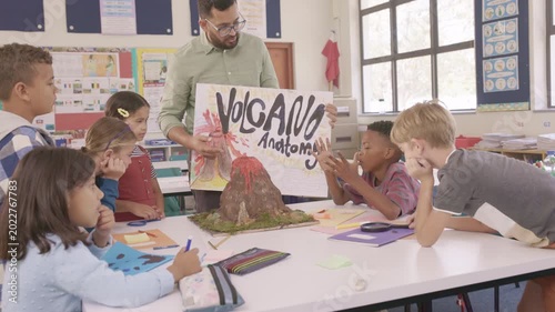 Teacher explaining volcano anatomy to elementary class