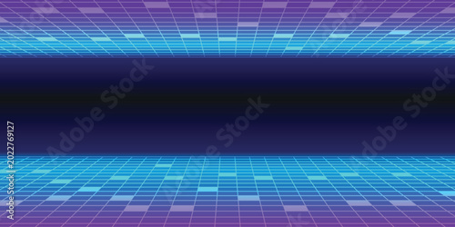 Fotografi Retro Cyberpunk Neon Grid Background with Perspective Floors and Purple Blue Gra