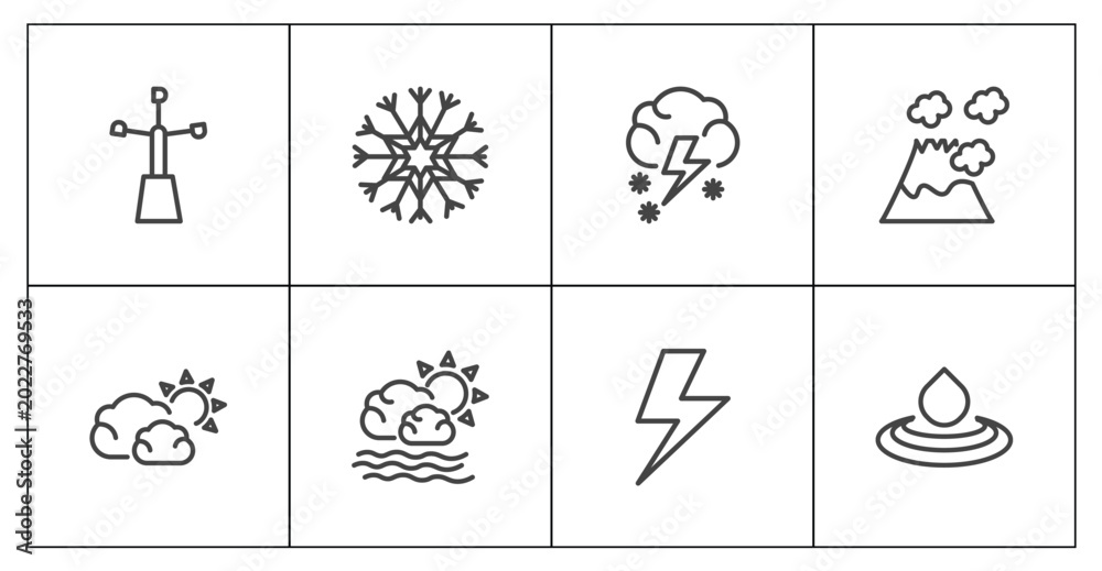 Fototapeta premium weather icon set with anemometer, snow, light bolt, deluge signs in flat outline style