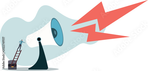 Bild auf Leinwand Amplify megaphone, communication voice or advertising message, important announcement loud shouting, human life and situation