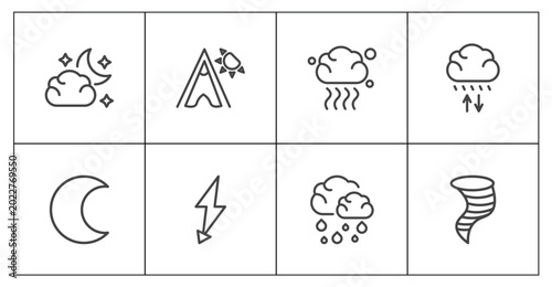 Konstfotografi weather icon set with cloudy night, indian summer, rainy day, typhoon signs in f