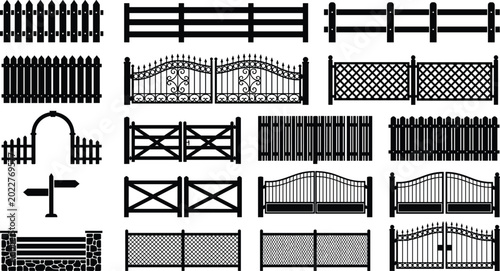 Foto Large collection of black fence and gate silhouettes featuring wooden pickets me