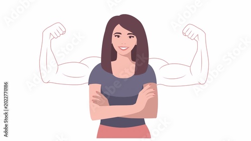 The woman has big, muscular arms coming out from behind her back. A woman is happy with her inner strength . Women's power.