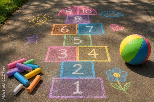 Children chalk hopscotch game is drawn on the sidewalk. A colorful ball and chalk pieces are next to the hopscotch. Bright sun shines above on this warm day.