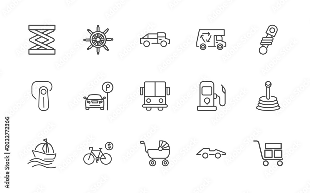Obraz premium transportation icon set with lifter, ship wheel, midget car, cart with boxes signs in flat outline style