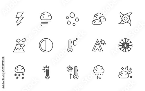 Foto weather icon set with bolt, blanket of fog, raindrops, cloudy night signs in fla