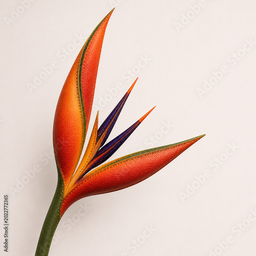 Horizontal close up 3D of an exotic bird of paradise flower (strelitzia regina) with tough leathery texture 