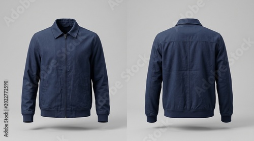 Konstfotografi Navy Blue Men's Zip-up Jacket Mockup with Front and Back View, Perfect for Appar