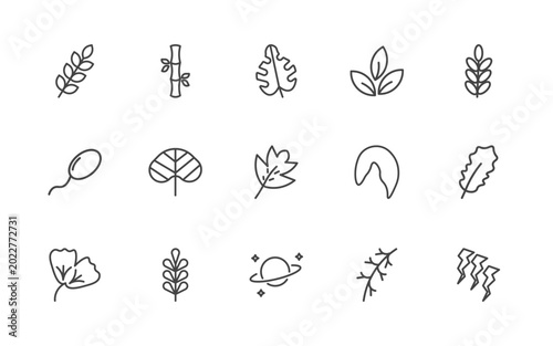 Photos nature icon set with briar leaf, bamboo sticks, leaf monstera, damaged signs in