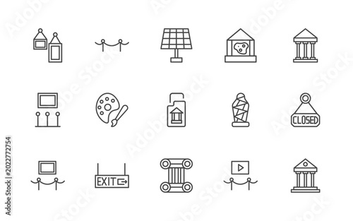 Schilderij op canvas museum and exhibition icon set with acrylic, museum fencing, panel, museum build
