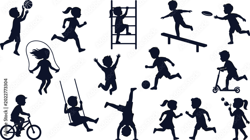 Obraz premium Active children silhouettes collection playing outdoor sports jumping running cycling swinging climbing and having fun at playground park set