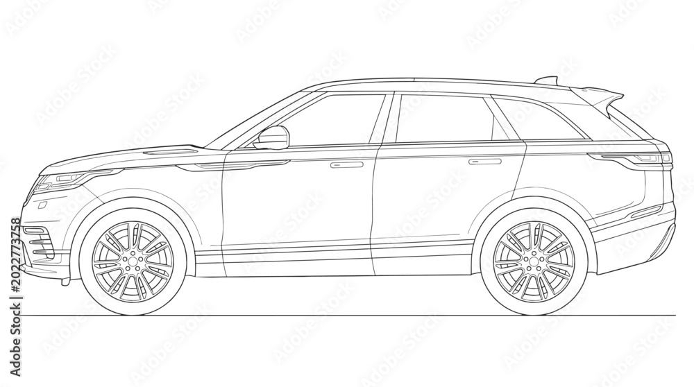 Fototapeta premium Modern Luxury SUV Side Profile Vector Line Drawing - Sleek Automotive Design Outline for Car Branding, Transportation Concept, and Commercial Illustration