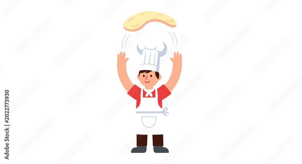 Fototapeta premium Cartoon chef holding pizza up high.
