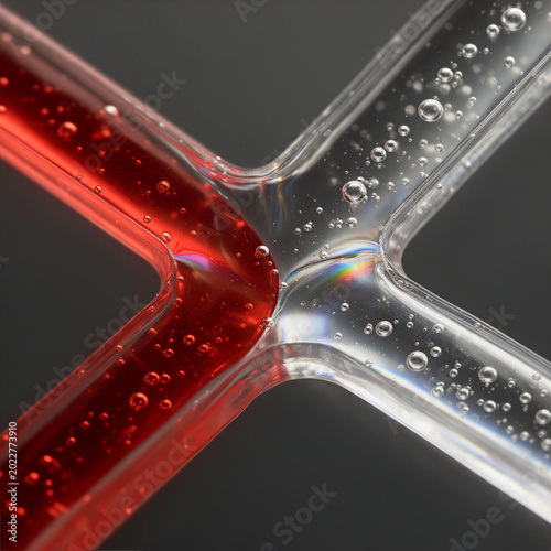 Macro Close-up of Microfluidic Channel with Nutrient Solution and Bubbles for Lab-on-a-chip Technology