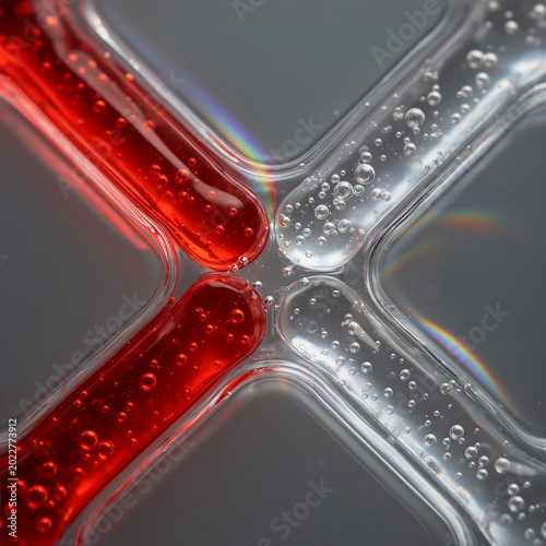 Macro Close-up of Microfluidic Channel with Nutrient Solution and Bubbles for Lab-on-a-chip Technology