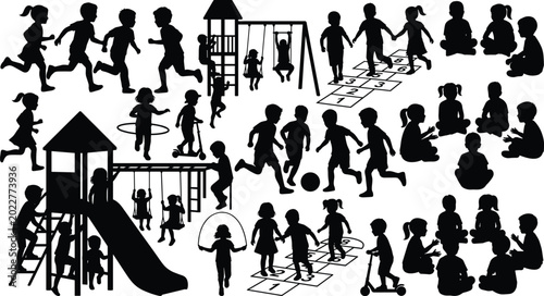 Bild auf Leinwand Large collection of children silhouettes playing at playground with slides swing