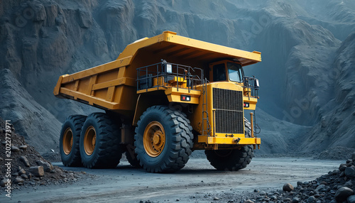 Huge yellow mining dump truck sits idle in open pit mine. Massive vehicle carries ore or rock in quarry. Heavy machinery works on earth excavation.