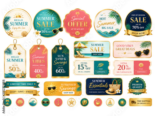 Luxury Summer Sale Beach Discount Tags and Coupon Sticker Set