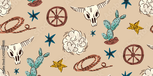Принти на полотні Wild West seamless pattern for kids room and clothes, desert background with buf