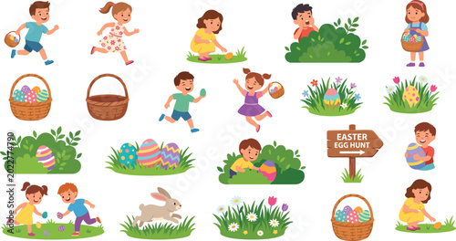 Children searching for easter eggs in grass and bushes on white background