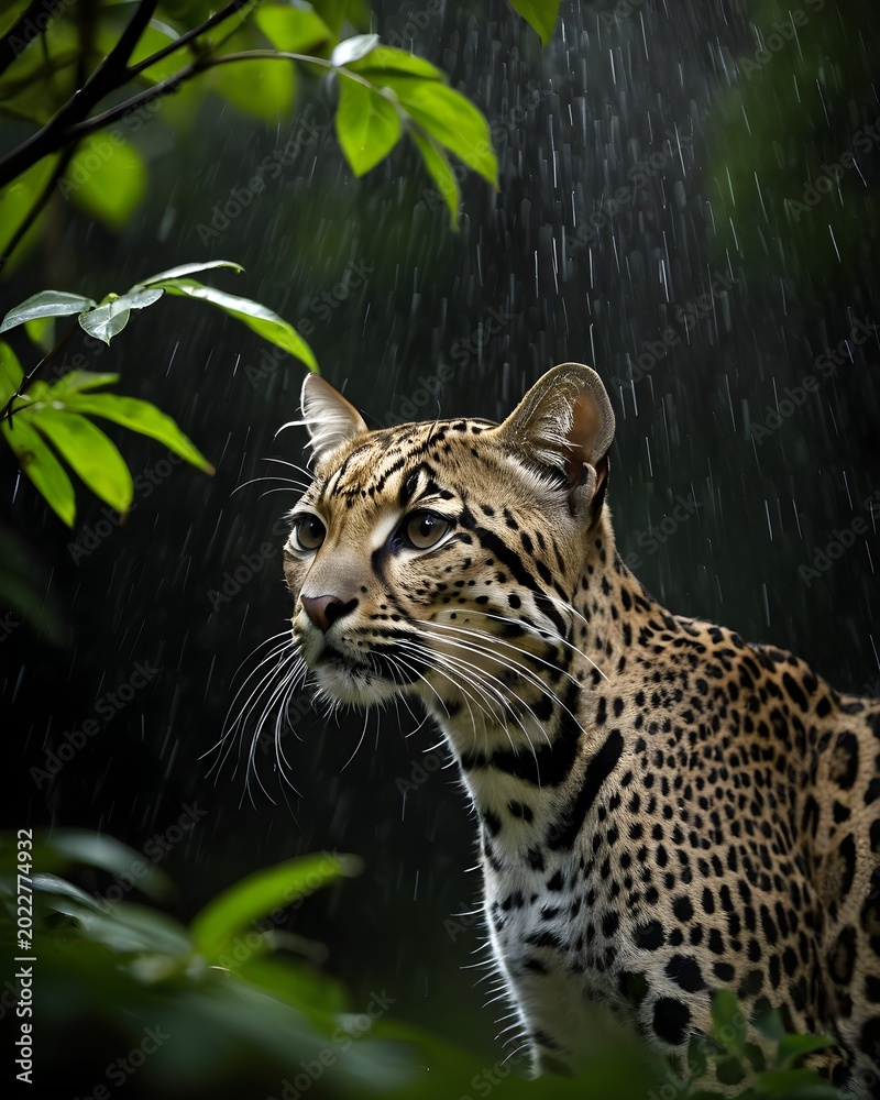 Obraz premium A oncilla, digitally created fantasy animal, generative ai, in a cosmic veil rain storm