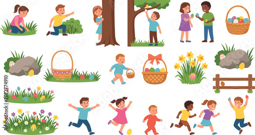 Kids playing outdoors and hunting for easter eggs in various spring settings
