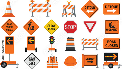 Road construction and traffic safety signs collection for highway repair works projects