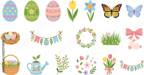 Spring easter elements collection with decorated eggs flowers butterflies and ornaments
