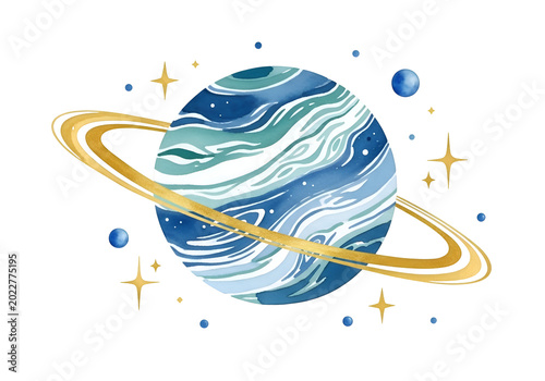 Watercolor Ringed Planet Watercolor Illustration With Stars And Moon on white background , Isolated on Transparent Background, PNG, Generative AI 