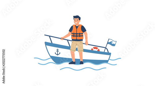 Quadro em tela Man on a Boat Wearing Life Jacket