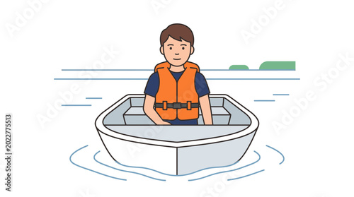 Boy in life jacket rowing a boat