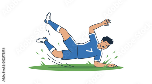 Bild auf Leinwand Soccer Player Falling on Grass Field