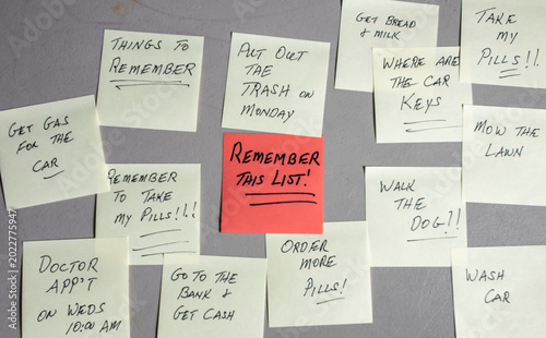 Sticky notes are placed on a wall with various reminders written on them. The notes include tasks for the day and important things to remember. Some notes are colorful, and one is larger.