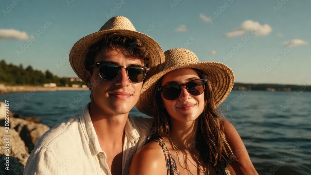 Fototapeta premium Young couple posing by rocky shoreline during golden hour
