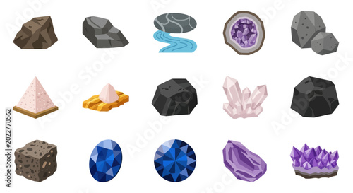 Fotografía Minerals, Gems, and Rocks Collection: Geological Elements Flat Icons