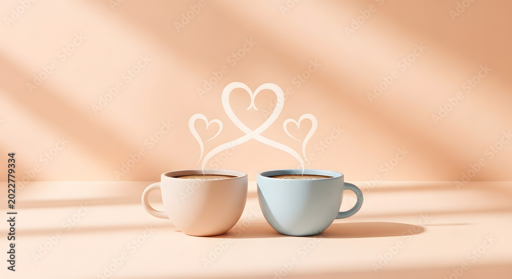 Fototapeta premium Minimal cozy friendship concept featuring two coffee cups with heart-shaped steam in soft warm lighting. 