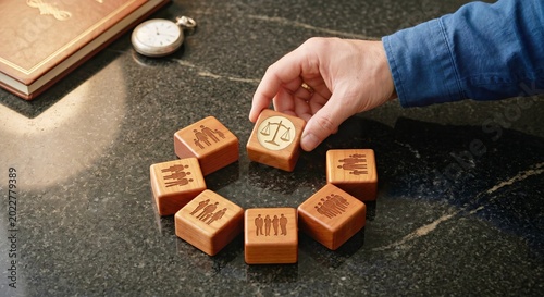 Hand Placing Justice Scale Wooden Block Employment Labor Law Business Ethics Human