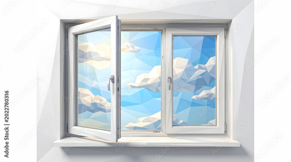 Fototapeta premium open window with low poly sky and clouds